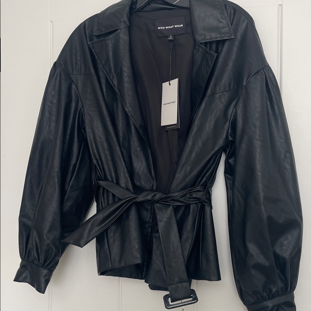 Belted pleather jacket with puff sleeves. NWT